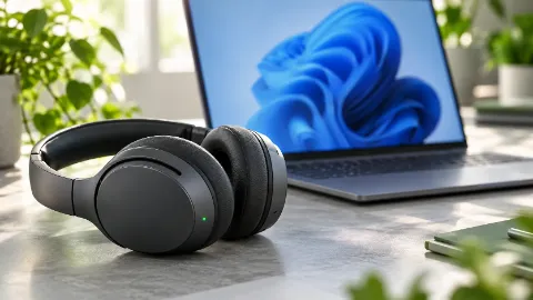 Black over-ear headphones on a desk beside an open laptop with a blue wallpaper.
