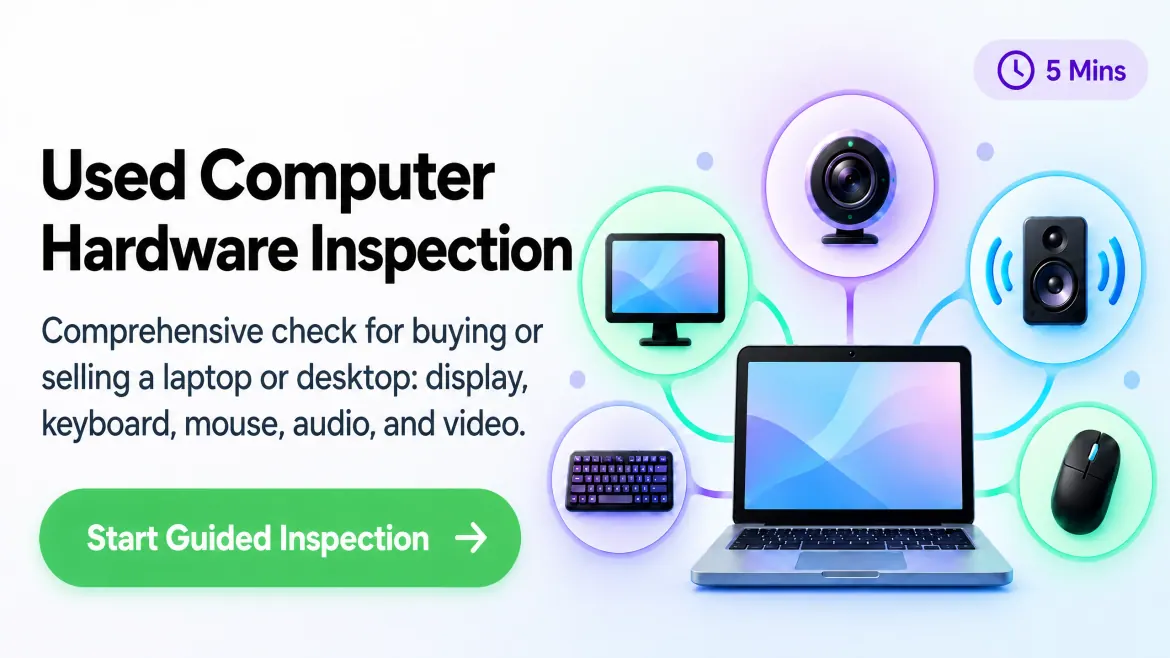 Used Computer Hardware Inspection card, about 5 minutes. Six checks for buying or selling a laptop or desktop: display, keyboard, mouse, speakers, microphone, and camera, with a Start Guided Inspection button.